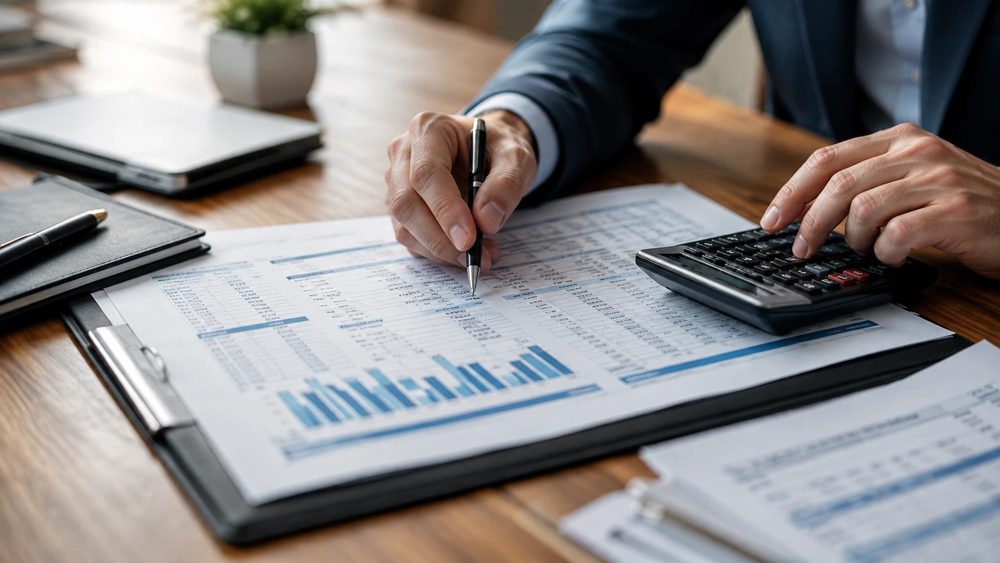 A tax preparer working through a return with a calculator and printed schedules