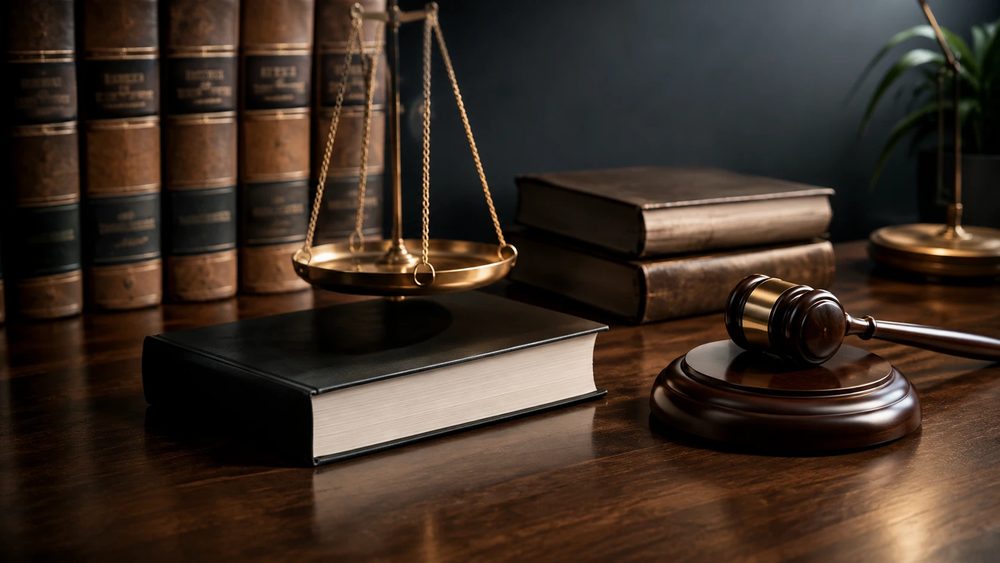 Law books and a gavel on a desk